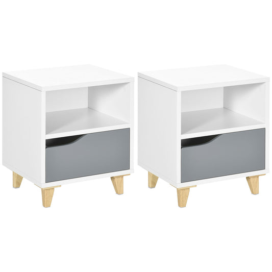 HOMCOM Set of 2 Modern Bedside Tables with Shelves, Drawers and Wood Legs, 36.8cm x 33cm x 43.8cm, White and Grey