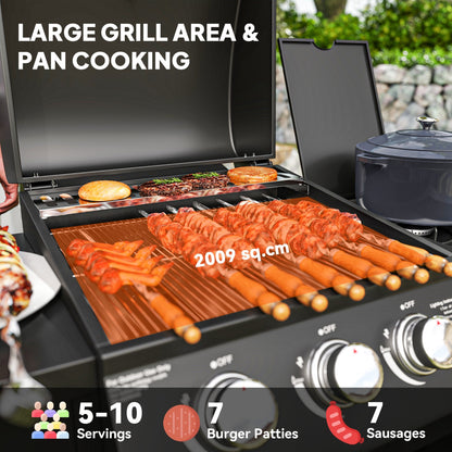 Outsunny 3+1 Burner Gas BBQ Grill with Storage Cabinet and Shelves, 9.5 kW Gas Barbecue Trolley with 6 Castor Wheels, Warming Rack, Thermometer for Outdoor Cooking Garden Party, Black
