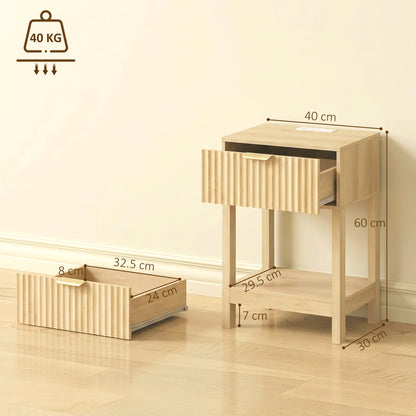 HOMCOM Modern Fluted Nightstand Set of 2, Bedside Table with Charging Station, Drawer and Open Shelf for Bedroom, Oak