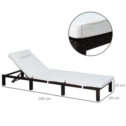 Outsunny PE Rattan Sun Lounger with Soft Padded Cushion, Patio 5-level Reclining Sun Lounger with Headrest, White