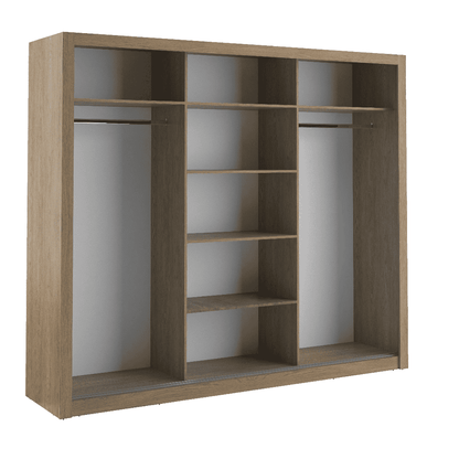 Wooden wardrobe with shelves and hanging space on a white background