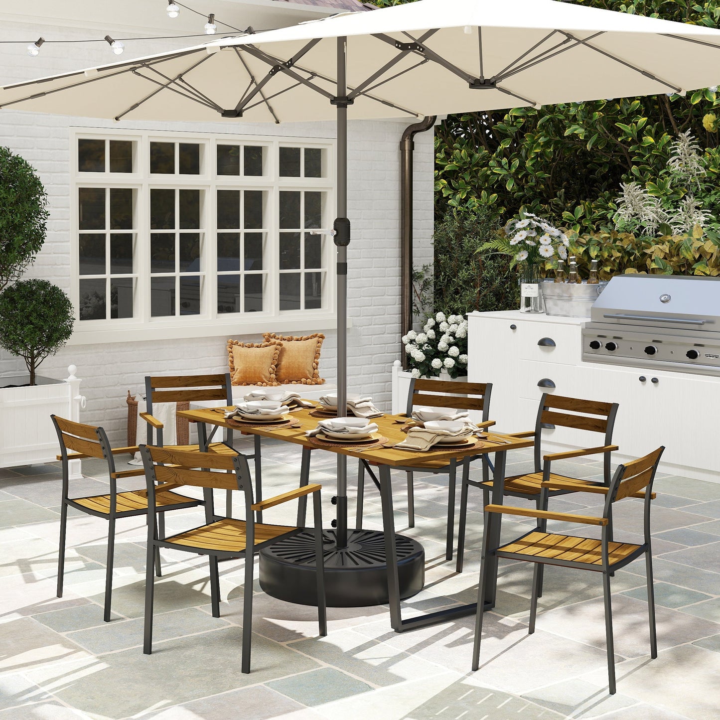 Outsunny Seven-Piece Wood Panel Patio Dining Set - Brown/Black