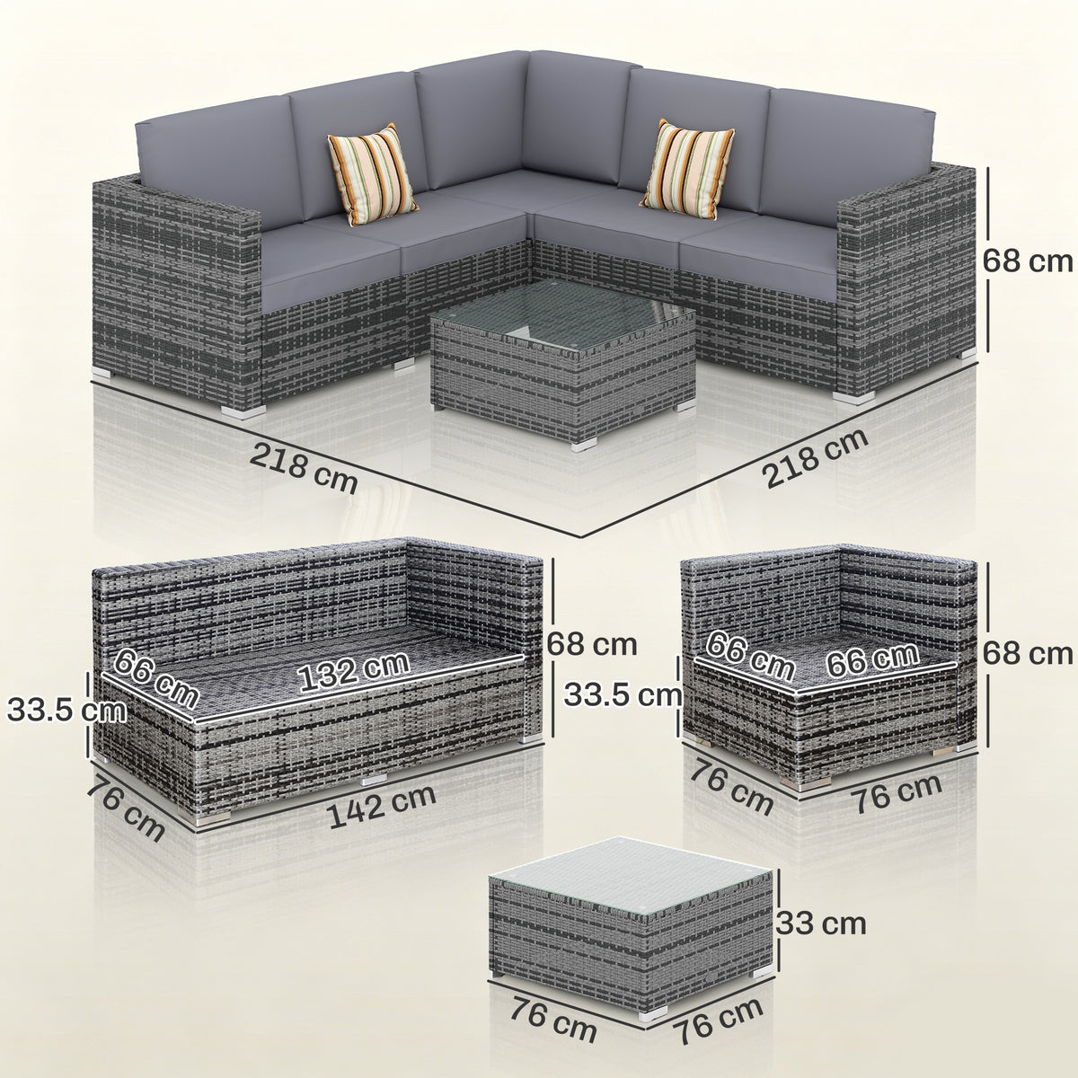 Outsunny Luxury 5 Seater Rattan Garden Furniture Set, 4 Pieces Outdoor Patio Conversation Set with Wide Seats, 220gsm Polyester Cushions, Tempered Glass Table, Corner Sofa, Loveseat, Grey