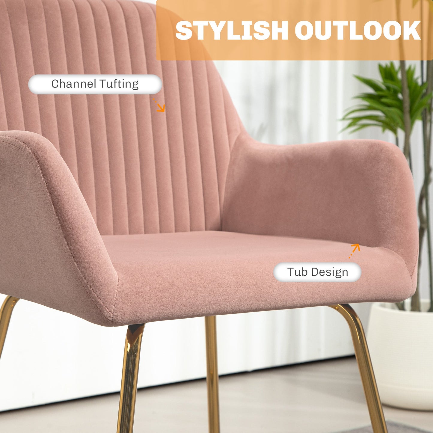 HOMCOM Modern Arm Chair Set of 2 Upholstered Accent Chair with Metal Base for Living Room Pink