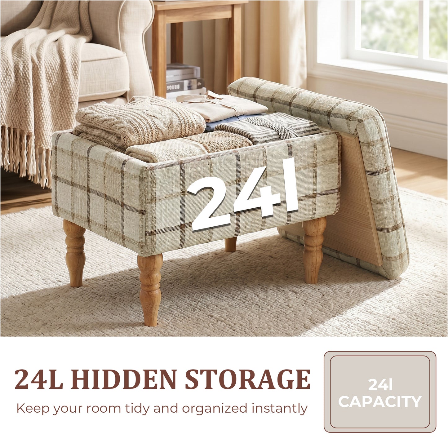 HOMCOM Linen Fabric Upholstered Footstool, Rectangular Storage Stool with Removable Top, Padded Seat and Hidden Space, Brown