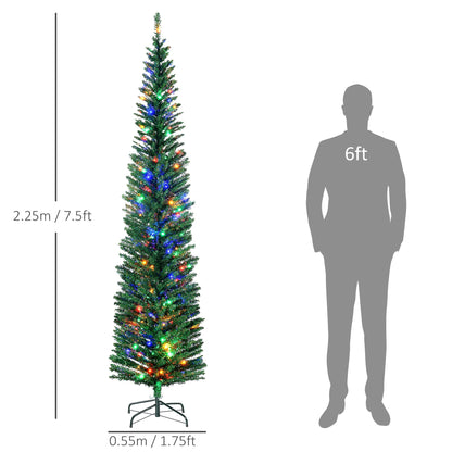 HOMCOM 7.5' Artificial Prelit Christmas Trees Holiday D√É¬©cor with Colourful LED Lights, Pencil Shape, Steel Base
