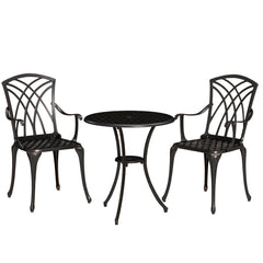 Outsunny 3 Pieces Garden Dining Set for 2, Cast Aluminium Outdoor Dining Set with 2 Armchairs and Round Dining Table with Parasol Hole, Garden Furniture Set, Bronze Tone
