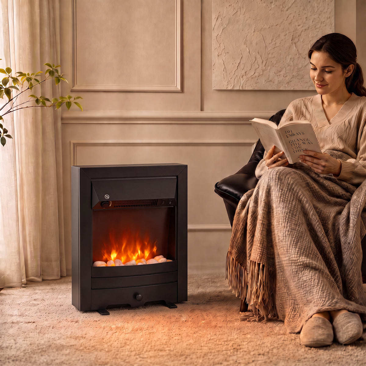 HOMCOM Electric Fireplace Stove Freestanding/Inset, 2000W, Electric Fire with LED Flame, Pebbles, Adjustable Thermostat, Black