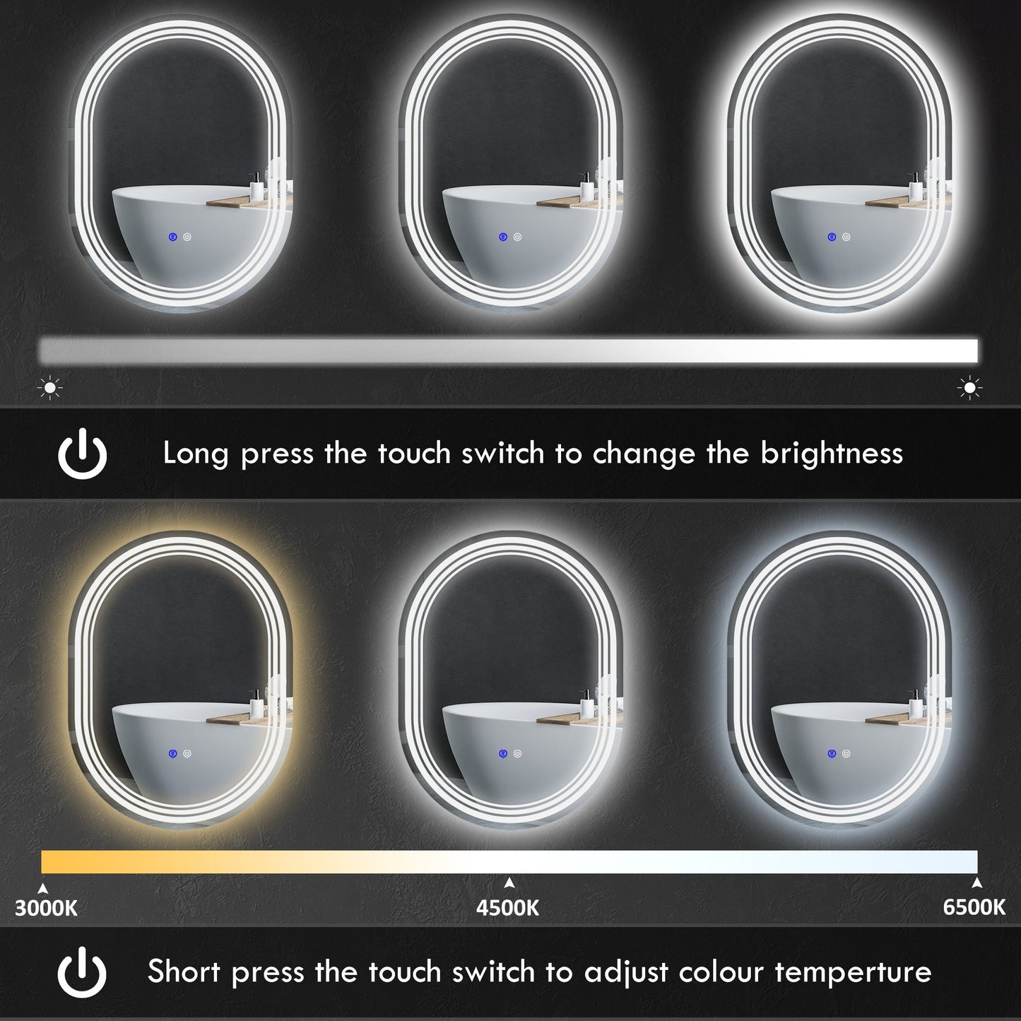 مرآة حمام من كلينكين مقاس 800 × 600 مم مع أضواء LED ومرآة مكياج مضادة للضباب تعمل باللمس ومفتاح رأسي أو أفقي