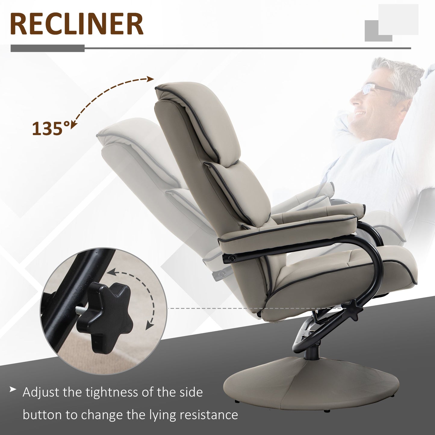 HOMCOM Recliner Chair with Ottoman 360 Swivel Faux Leather High Back Armchair w/ Footrest Stool for Home Office