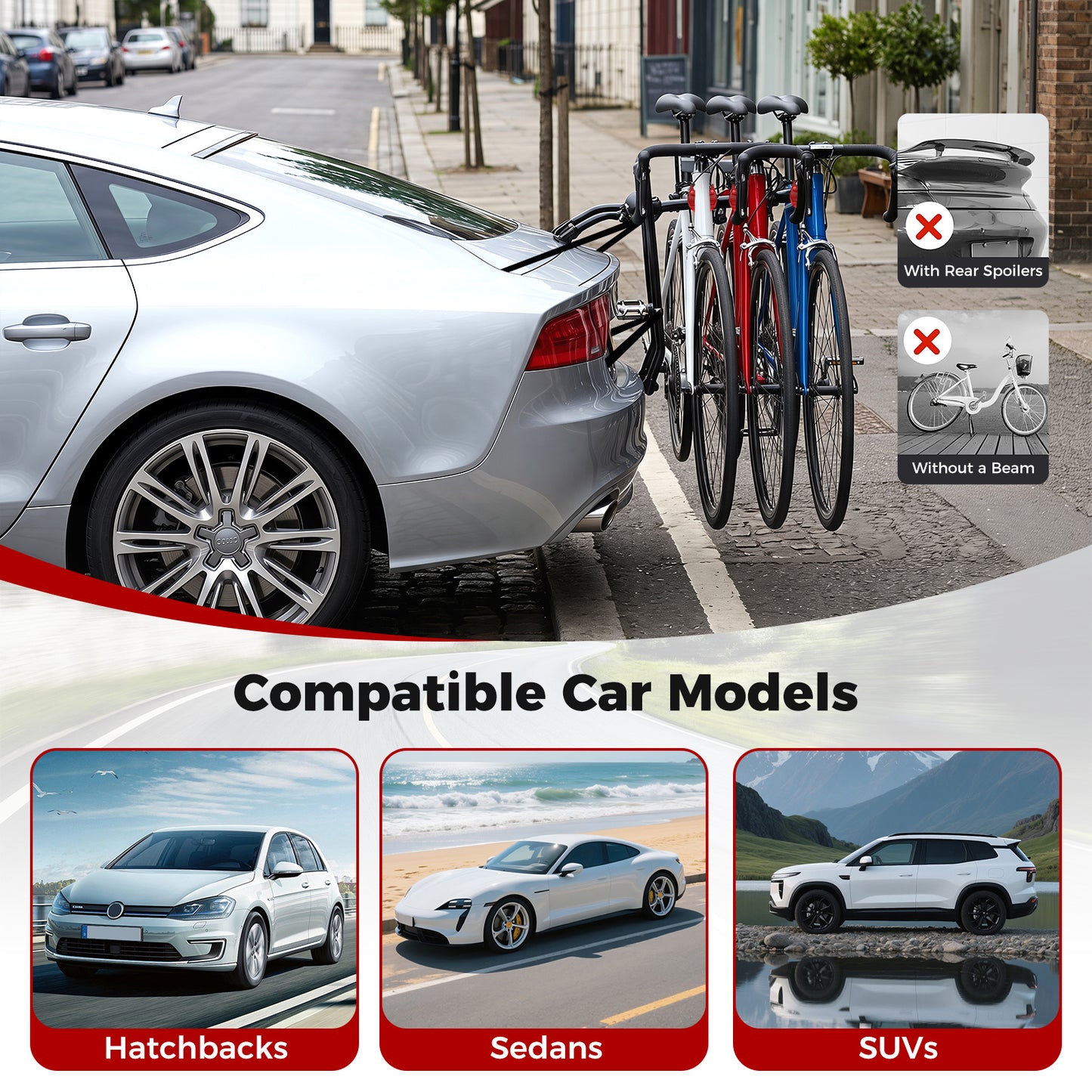 3-Bike Trunk Mount Bike Rack with Anti-Sway and Soft Padding