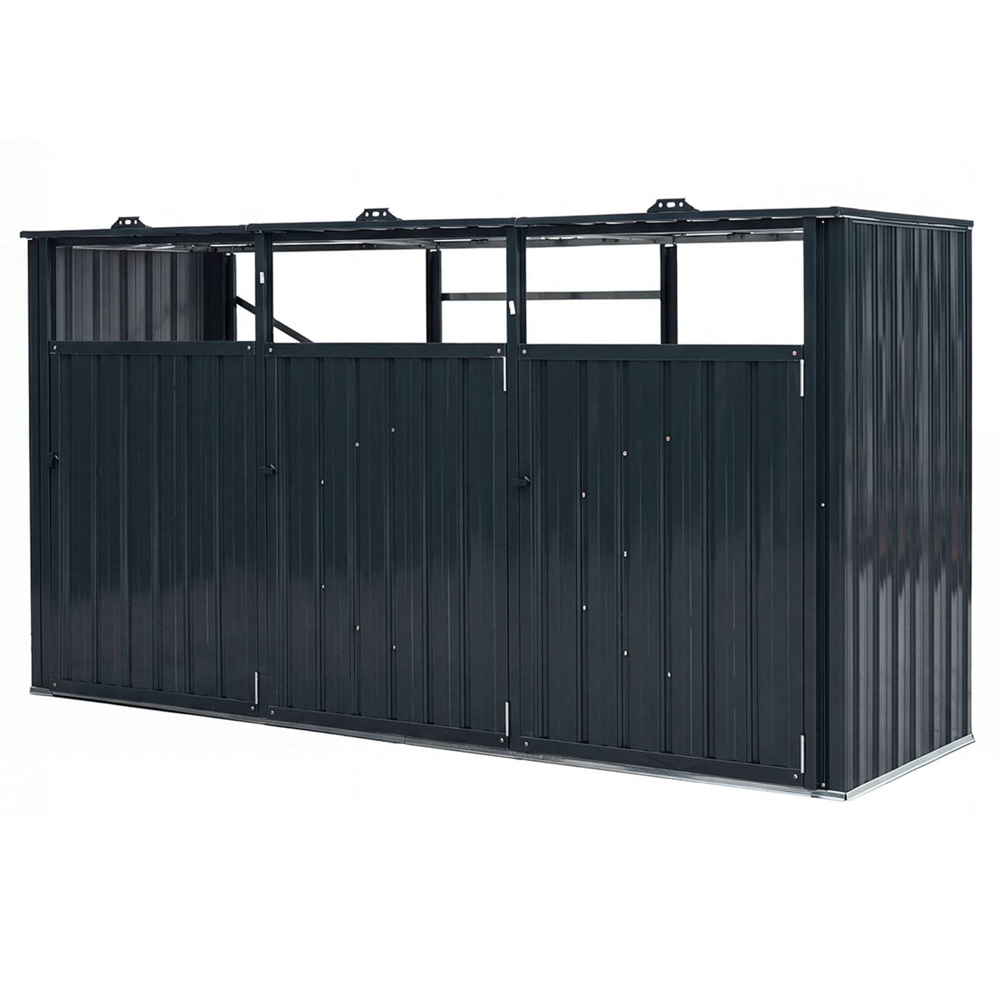 3-Bin Metal Trash Shed with Flip-Up Lids and Lockable Doors for Backyard-Grey