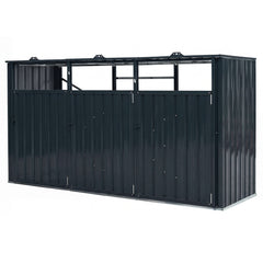 3-Bin Metal Trash Shed with Flip-Up Lids and Lockable Doors for Backyard-Grey