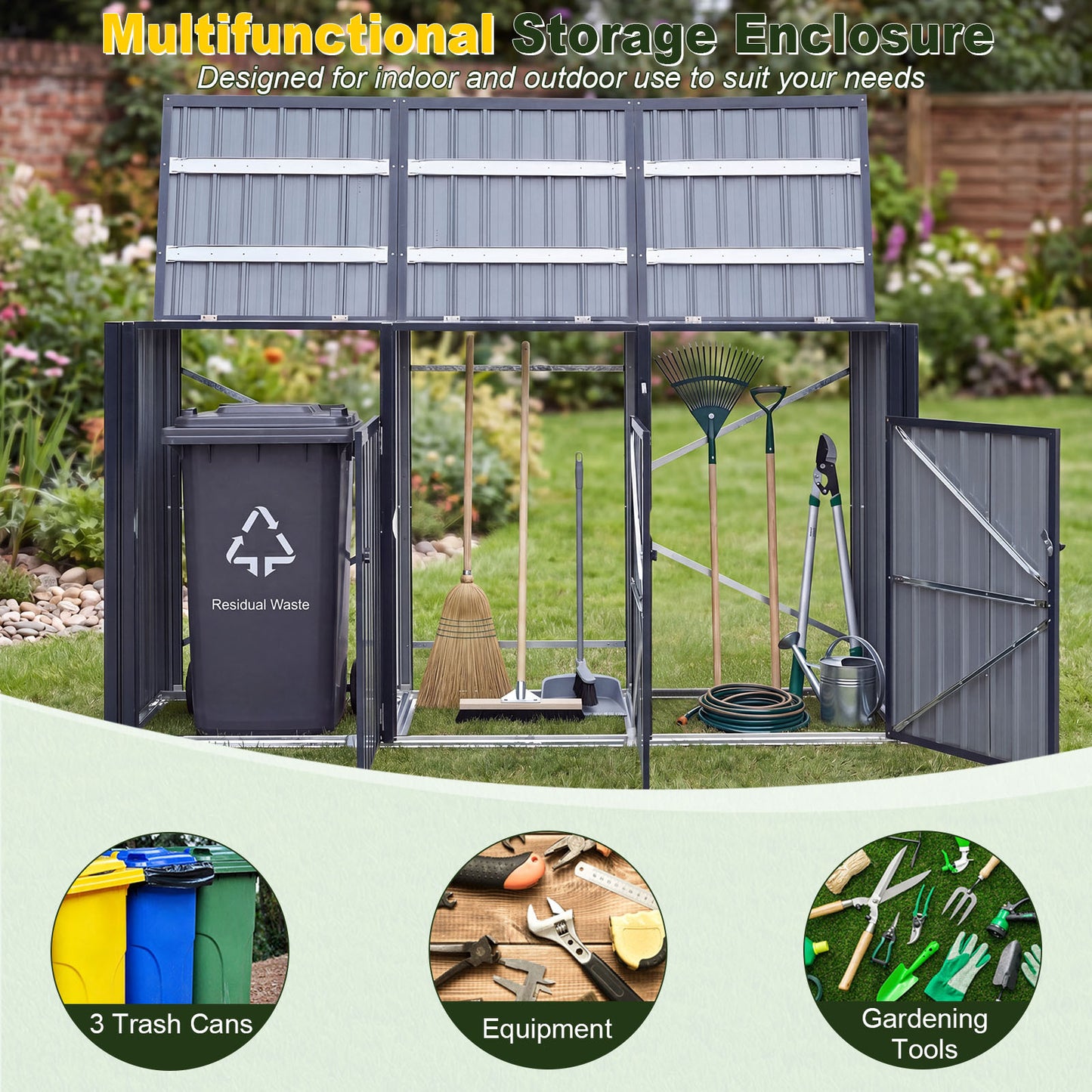 3-Bin Metal Trash Shed with Flip-Up Lids and Lockable Doors for Backyard-Grey