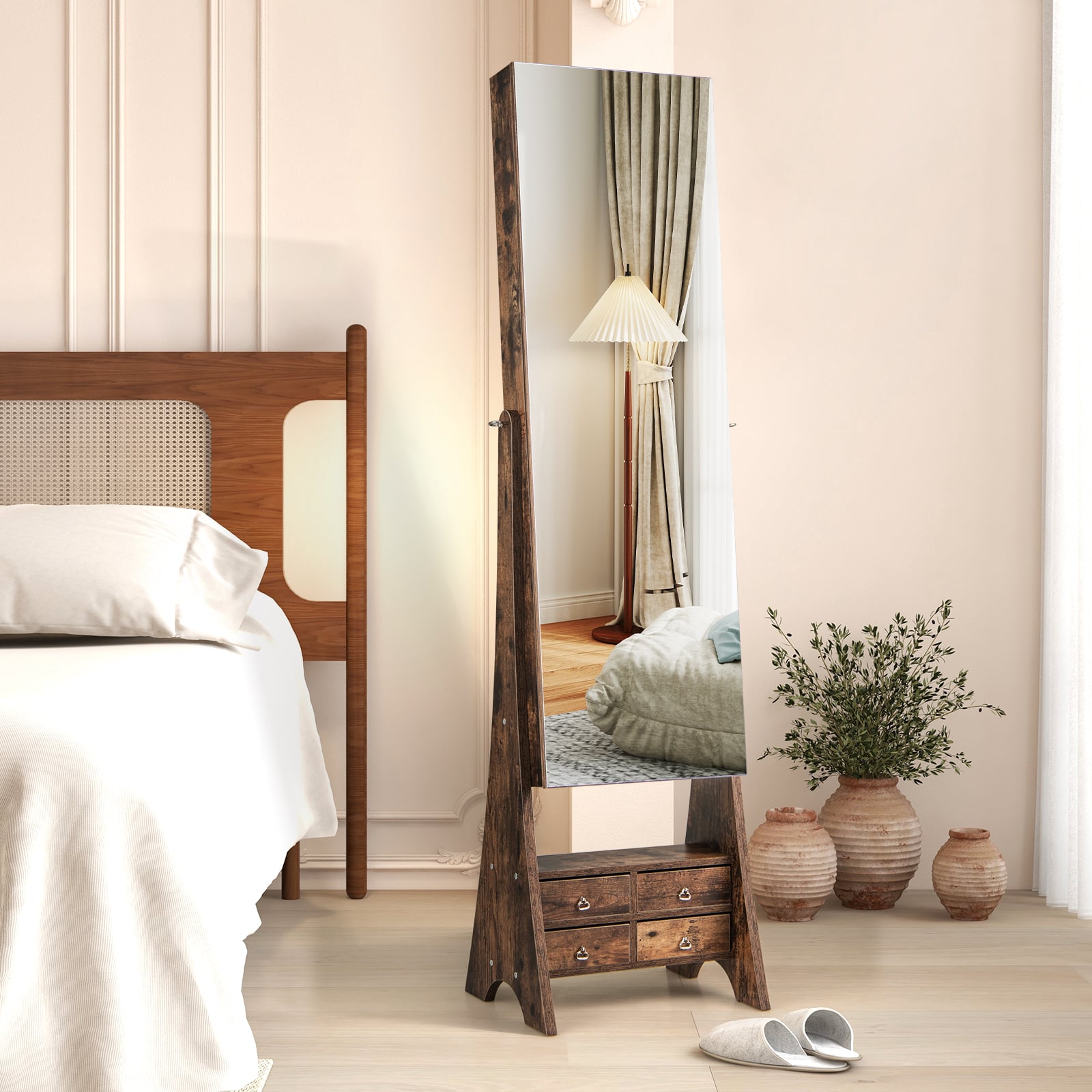 3-Color LED Lighted Jewelry Cabinet with Full-Length Mirror and Adjustable Tilt Angles-Rustic Brown