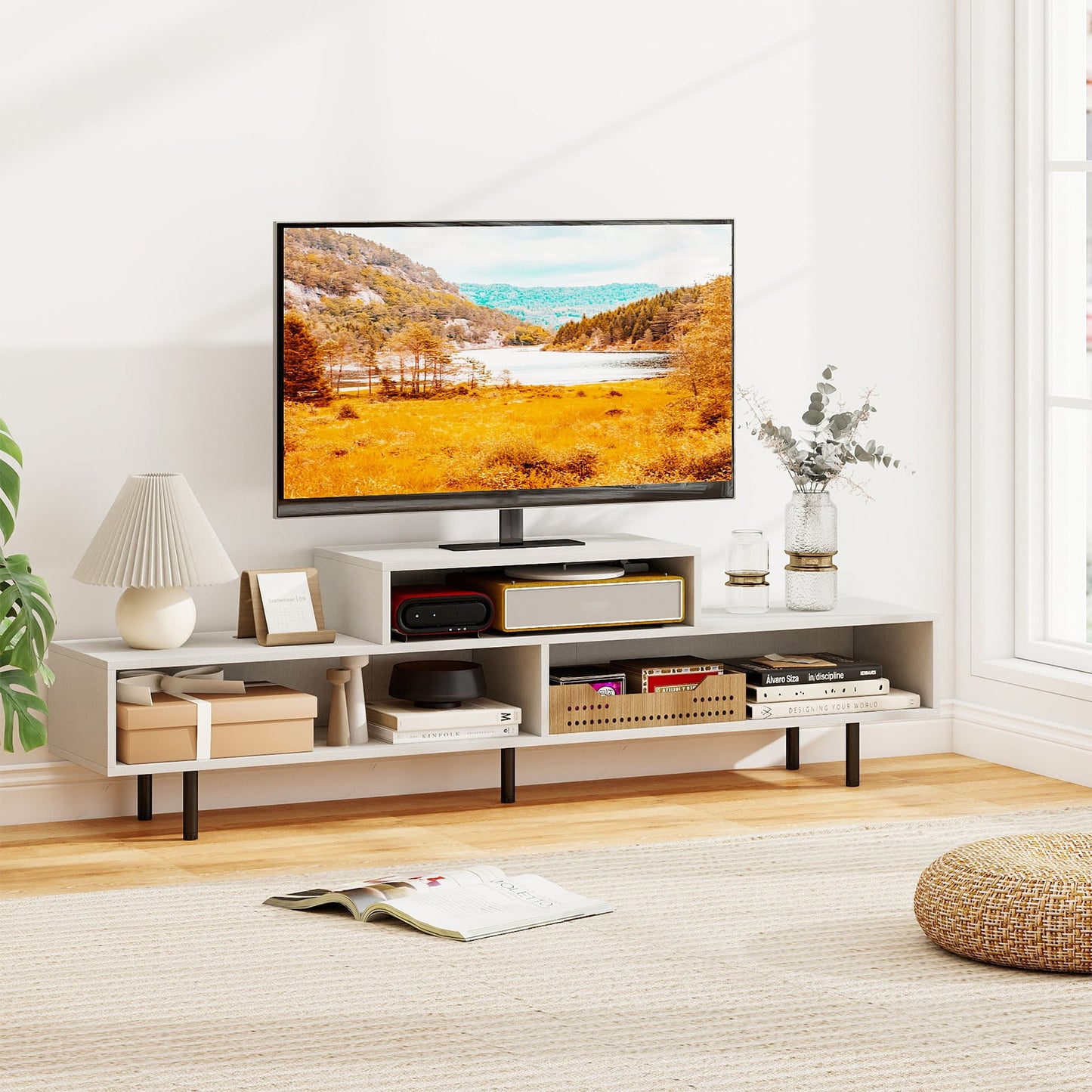 3 Cubby TV Stand Entertainment Center with Compartments-White