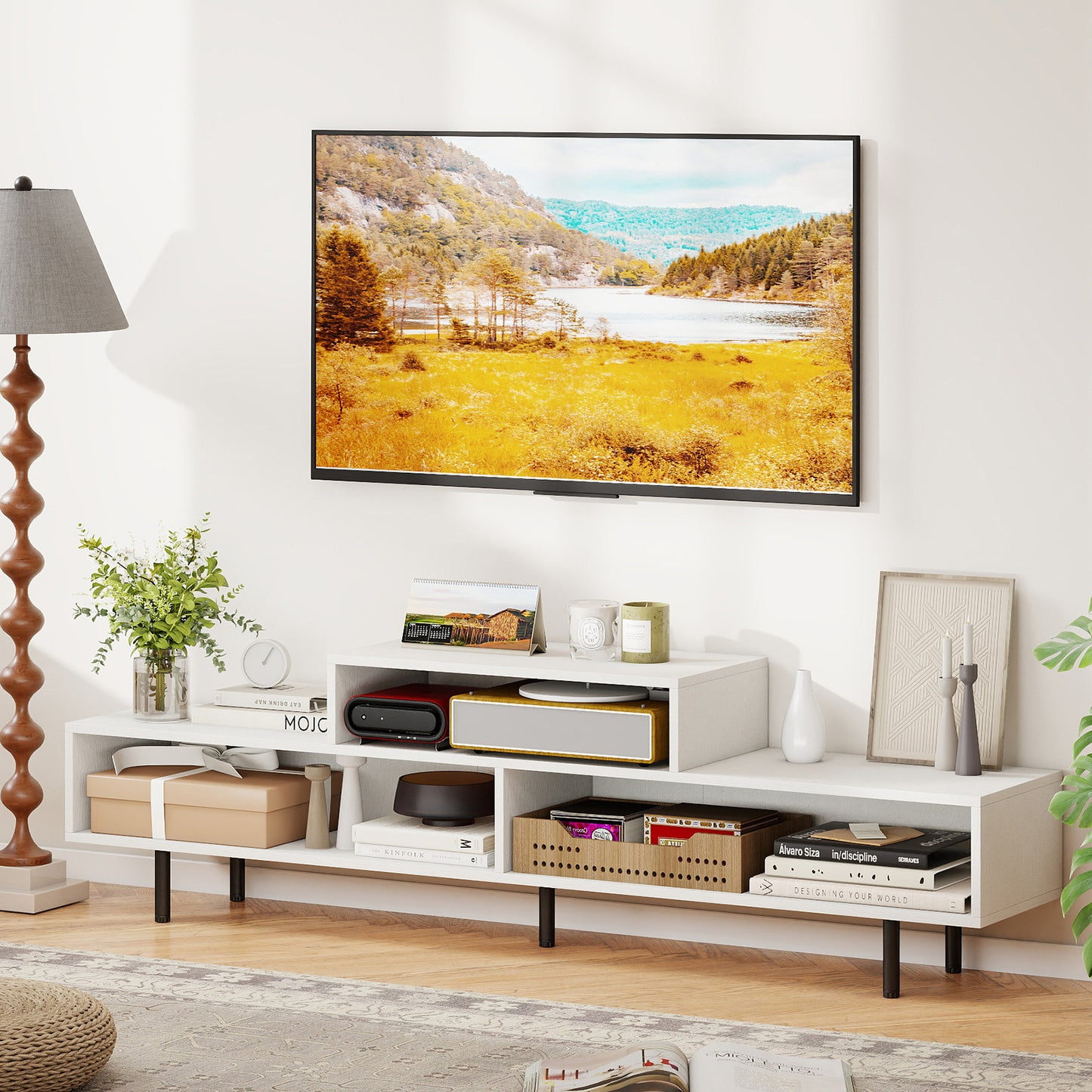 3 Cubby TV Stand Entertainment Center with Compartments-White