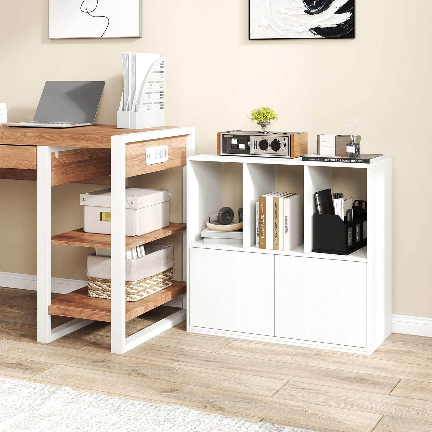 3-Cube Bookcase 3-Tier Bookshelf with Cabinet Modern Book Shelf-White