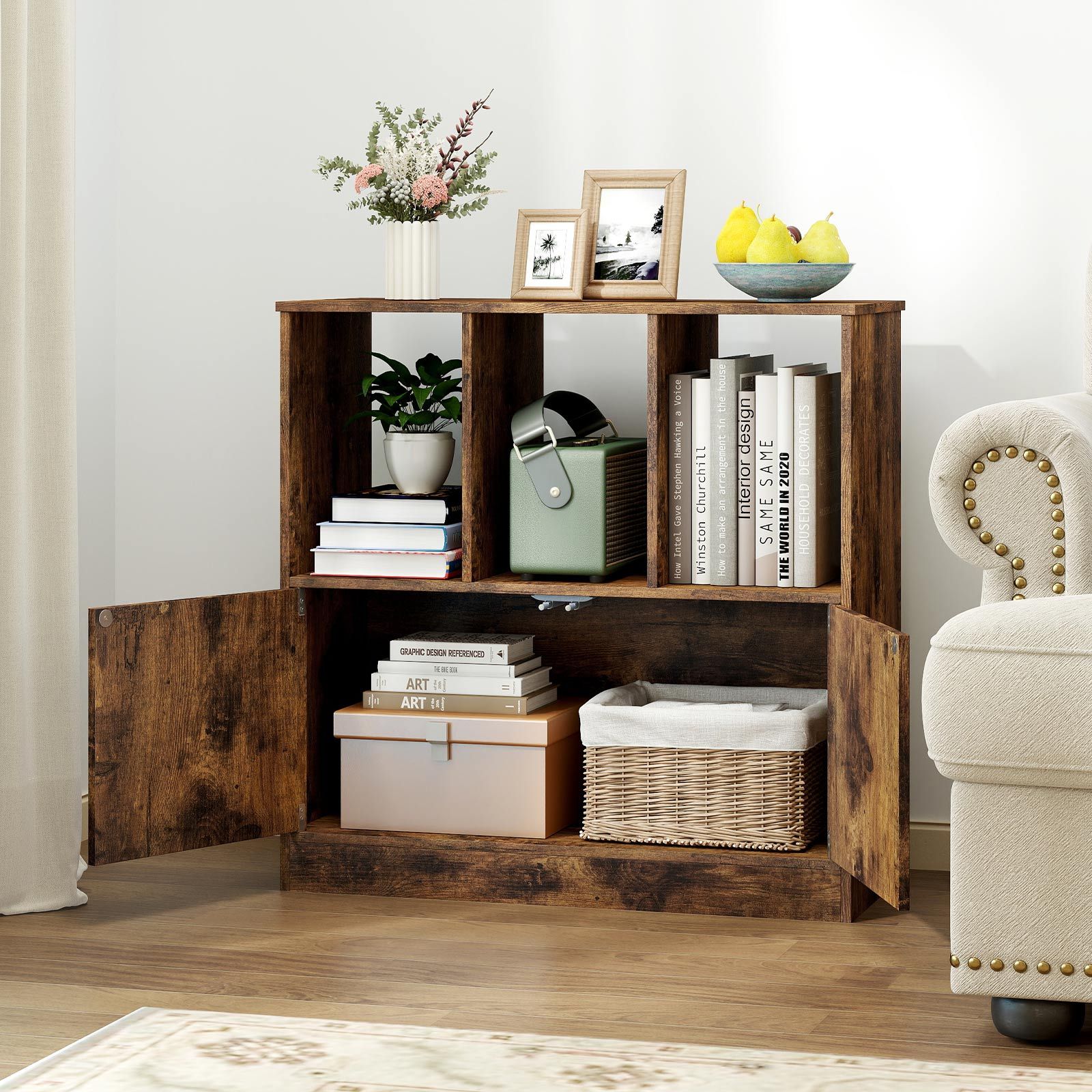 3-Cube Bookcase 3-Tier Bookshelf with Cabinet Modern Book Shelf for Small Space-Rustic Brown