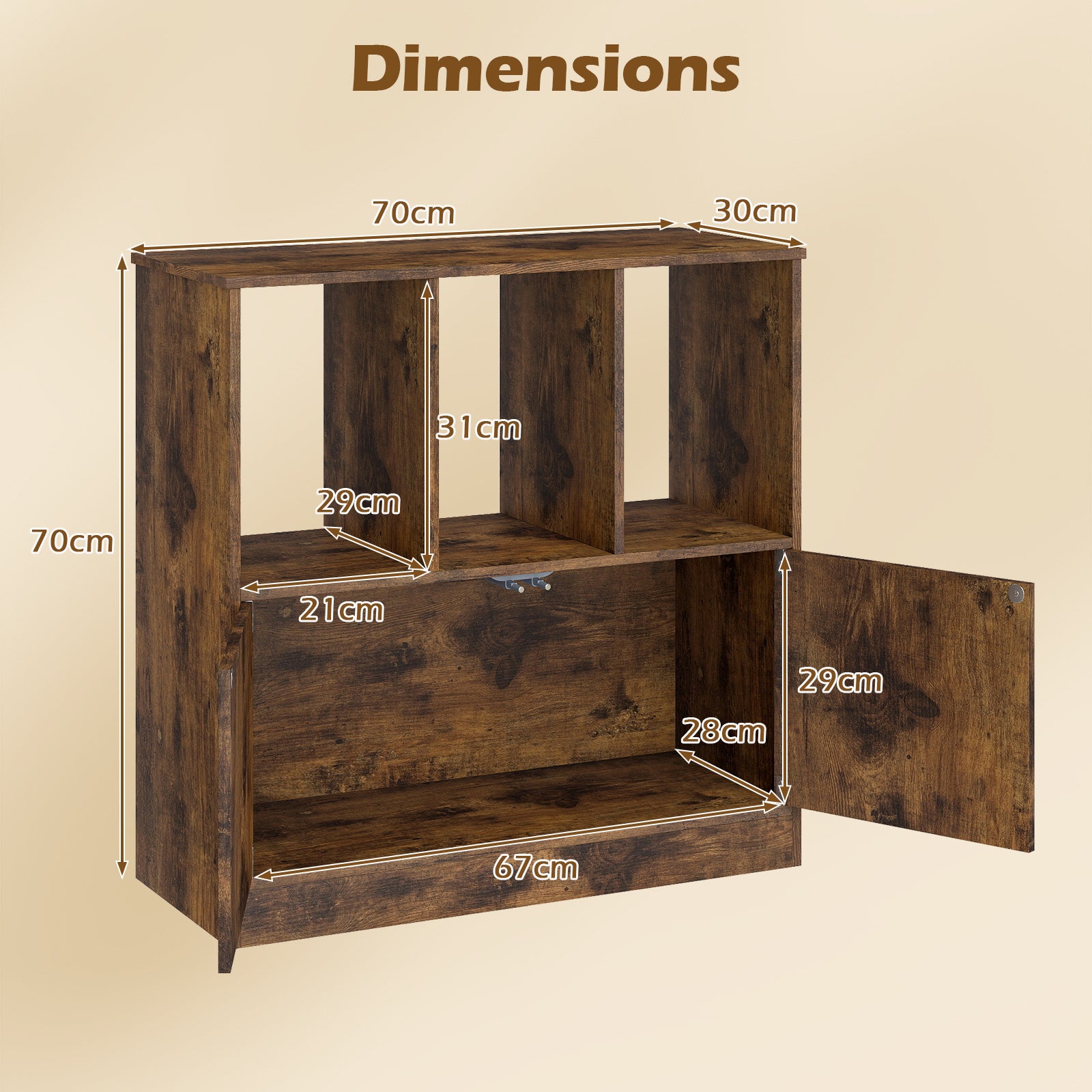 3-Cube Bookcase 3-Tier Bookshelf with Cabinet Modern Book Shelf for Small Space-Rustic Brown