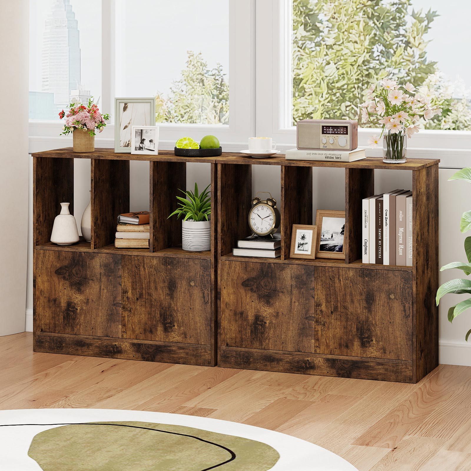 3-Cube Bookcase 3-Tier Bookshelf with Cabinet Modern Book Shelf for Small Space-Rustic Brown