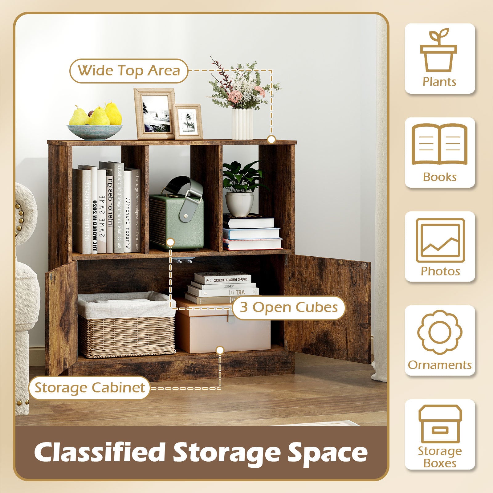 3-Cube Bookcase 3-Tier Bookshelf with Cabinet Modern Book Shelf for Small Space-Rustic Brown