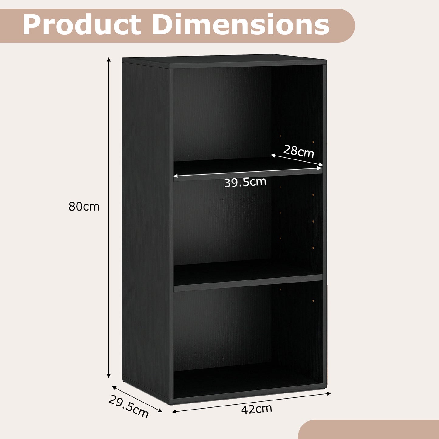 3-Cube Bookcase with 7-Position Adjustable Shelves and Anti-Toppling Kits-Blcak