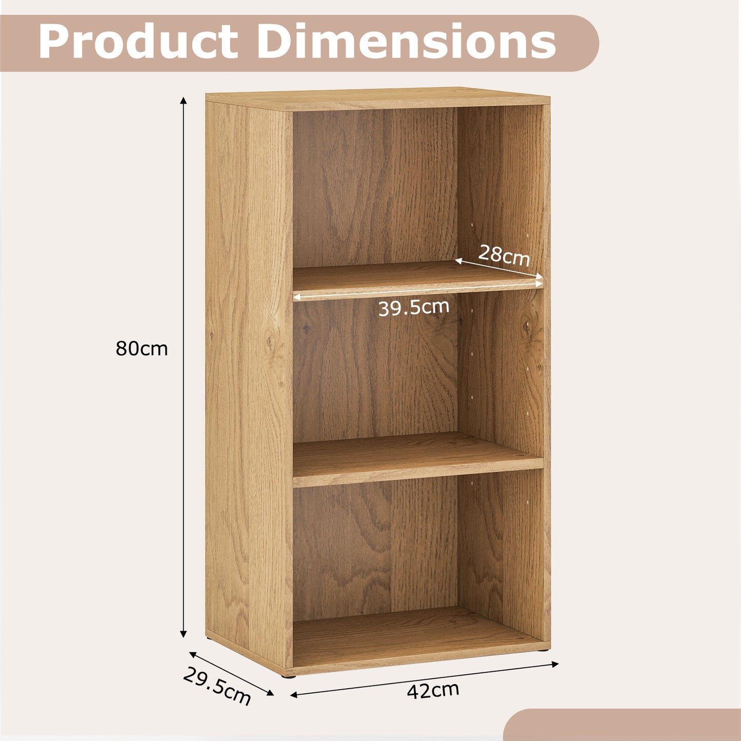 3-Cube Bookcase with 7-Position Adjustable Shelves and Anti-Toppling Kits-Natrual
