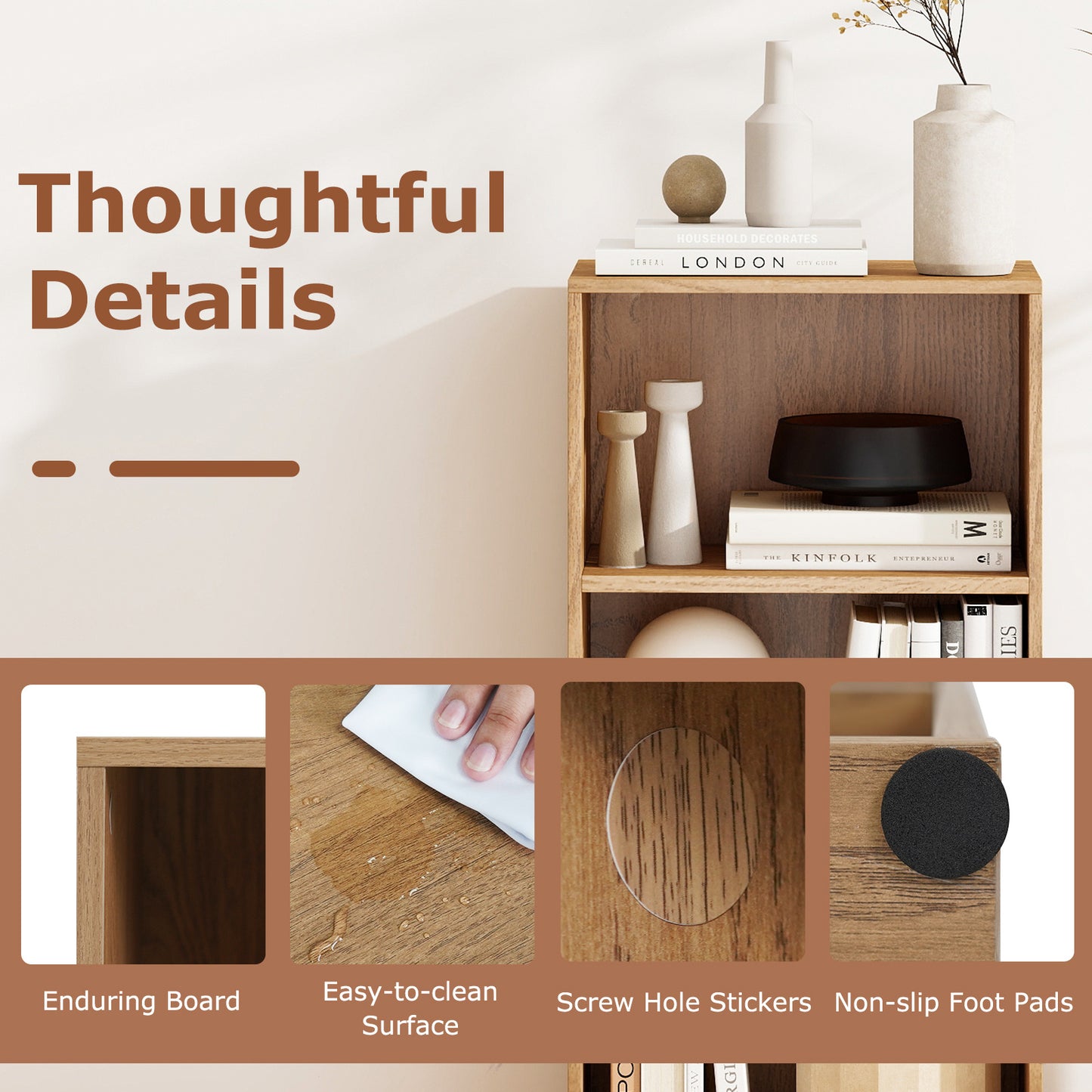 3-Cube Bookcase with 7-Position Adjustable Shelves and Anti-Toppling Kits-Natrual