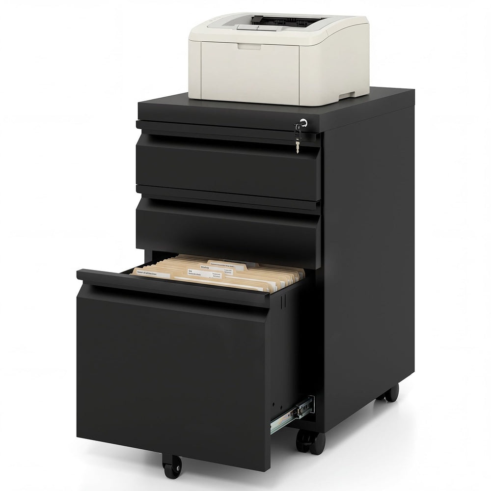 3-Drawer Mobile File Cabinet with 5 Casters and 2 Keys for A4-Black