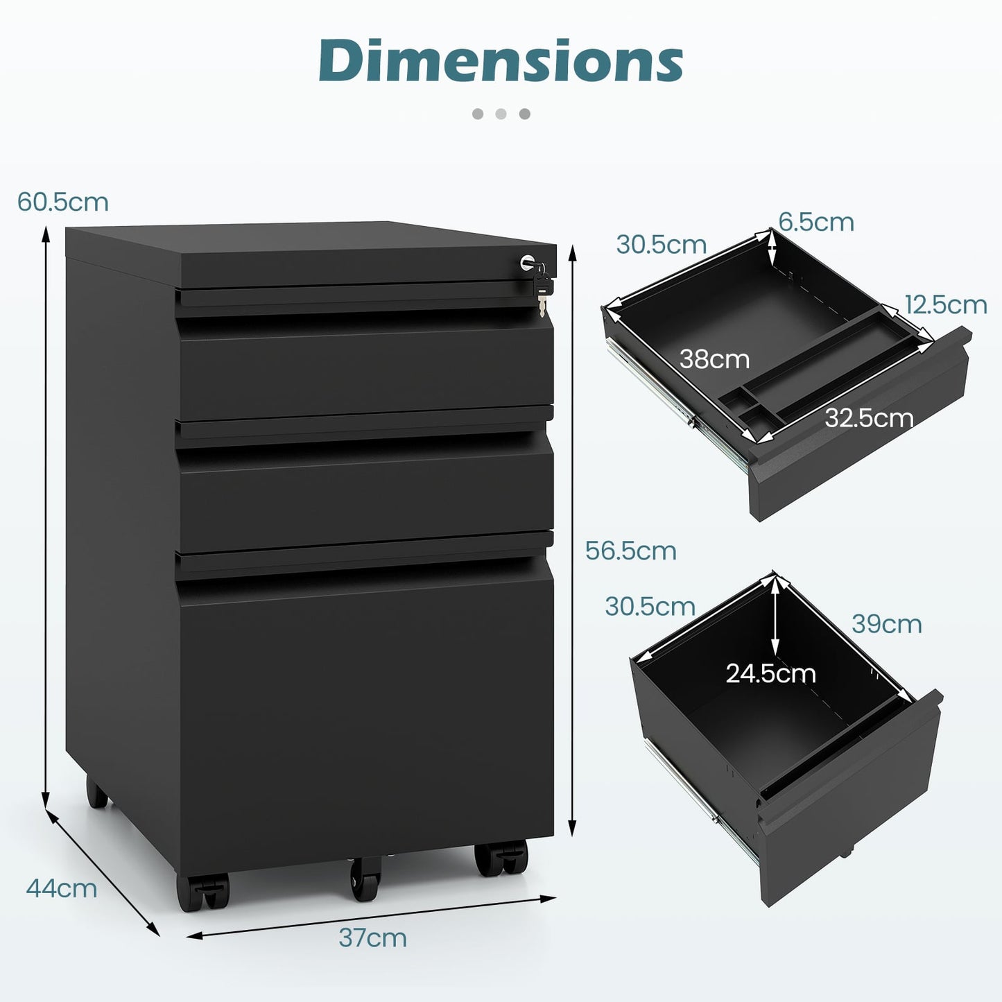 3-Drawer Mobile File Cabinet with 5 Casters and 2 Keys for A4-Black