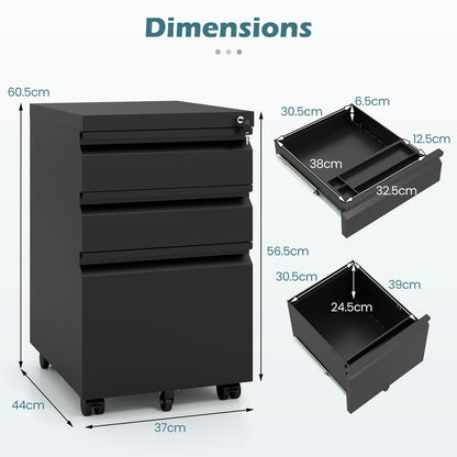 3-Drawer Mobile File Cabinet with 5 Casters and 2 Keys for A4-Black