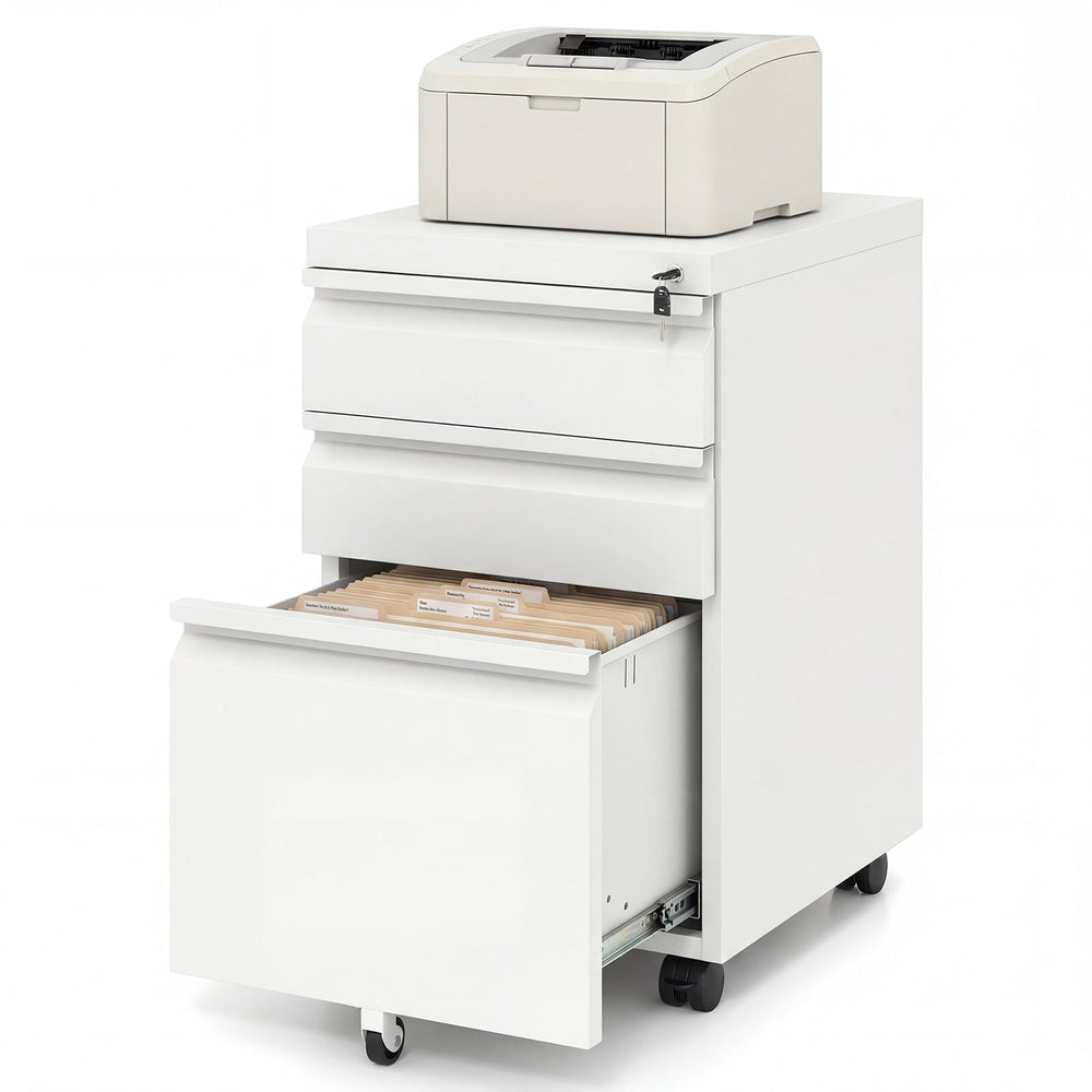 3-Drawer Mobile File Cabinet with 5 Casters and 2 Keys for A4-White