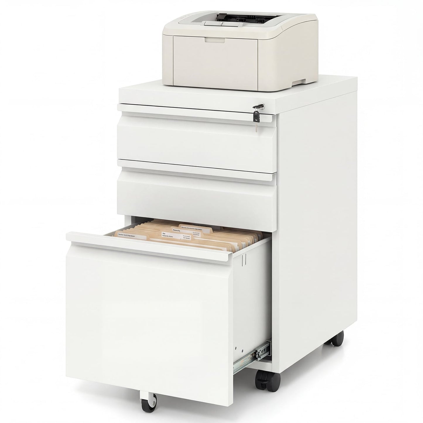 3-Drawer Mobile File Cabinet with 5 Casters and 2 Keys for A4-White