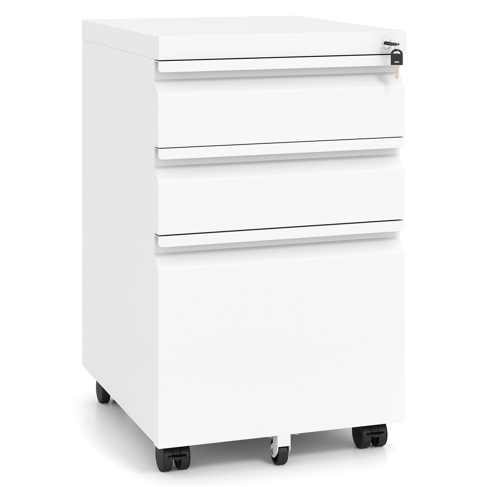 3-Drawer Mobile File Cabinet with 5 Casters and 2 Keys for A4-White