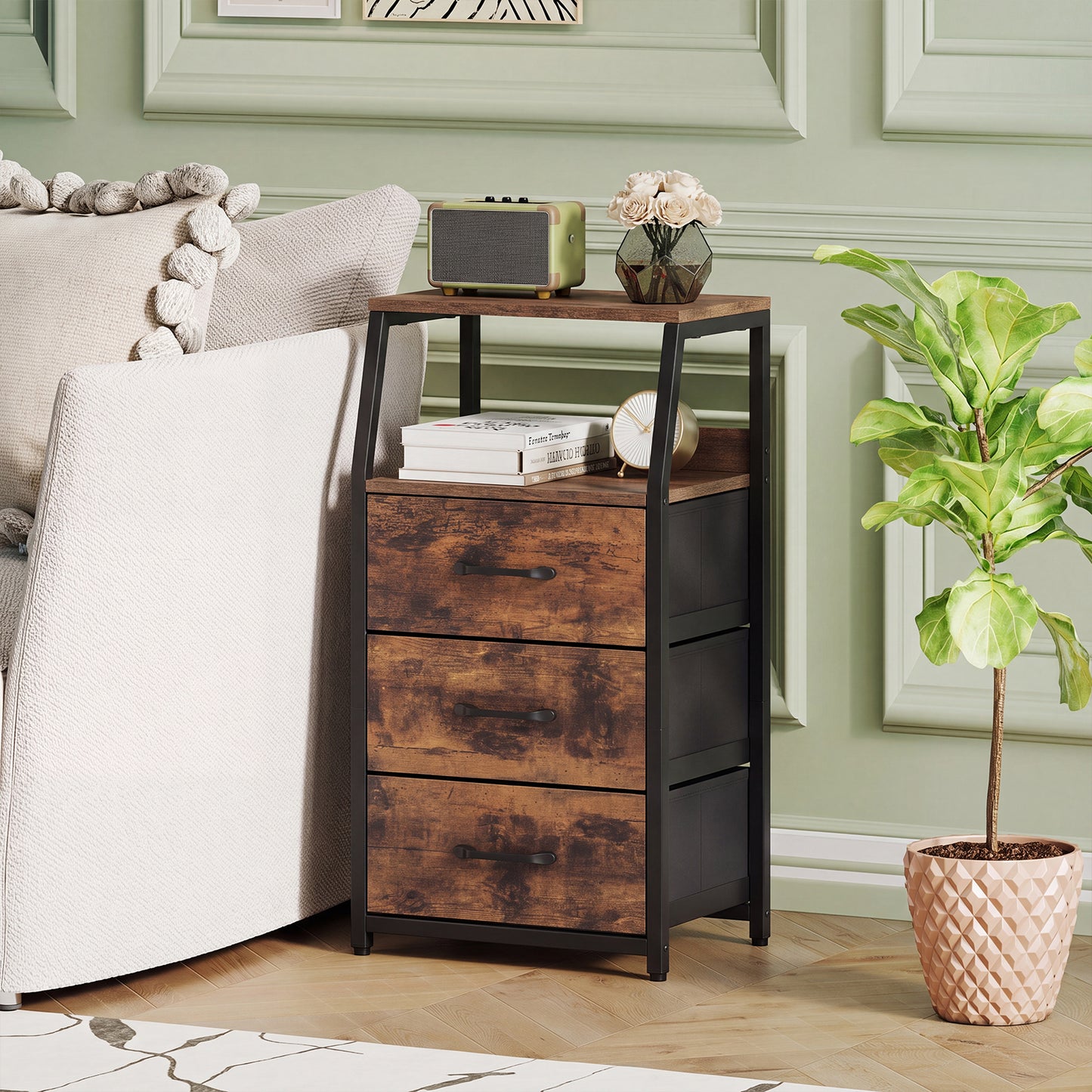 3-Drawer Storage Cabinet Vertical Storage Dresser with Detachable-Rustic Brown