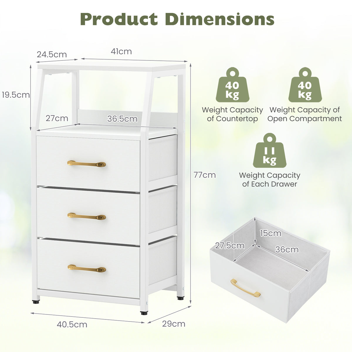 3-Drawer Storage Cabinet Vertical Storage Dresser with Detachable-White