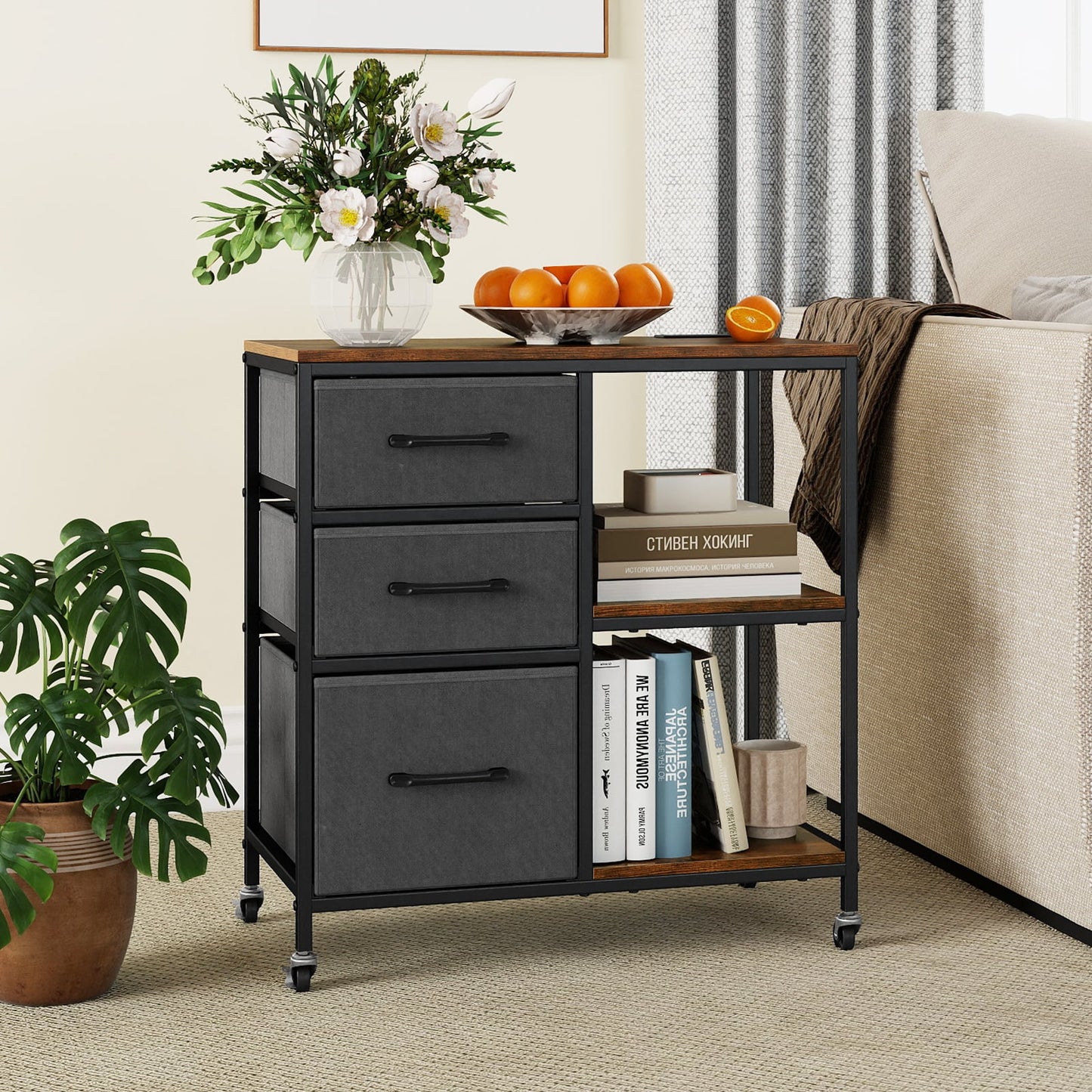 3 Drawer Wooden Mobile File Cabinet with Open Storage Shelves-Rusticbrown