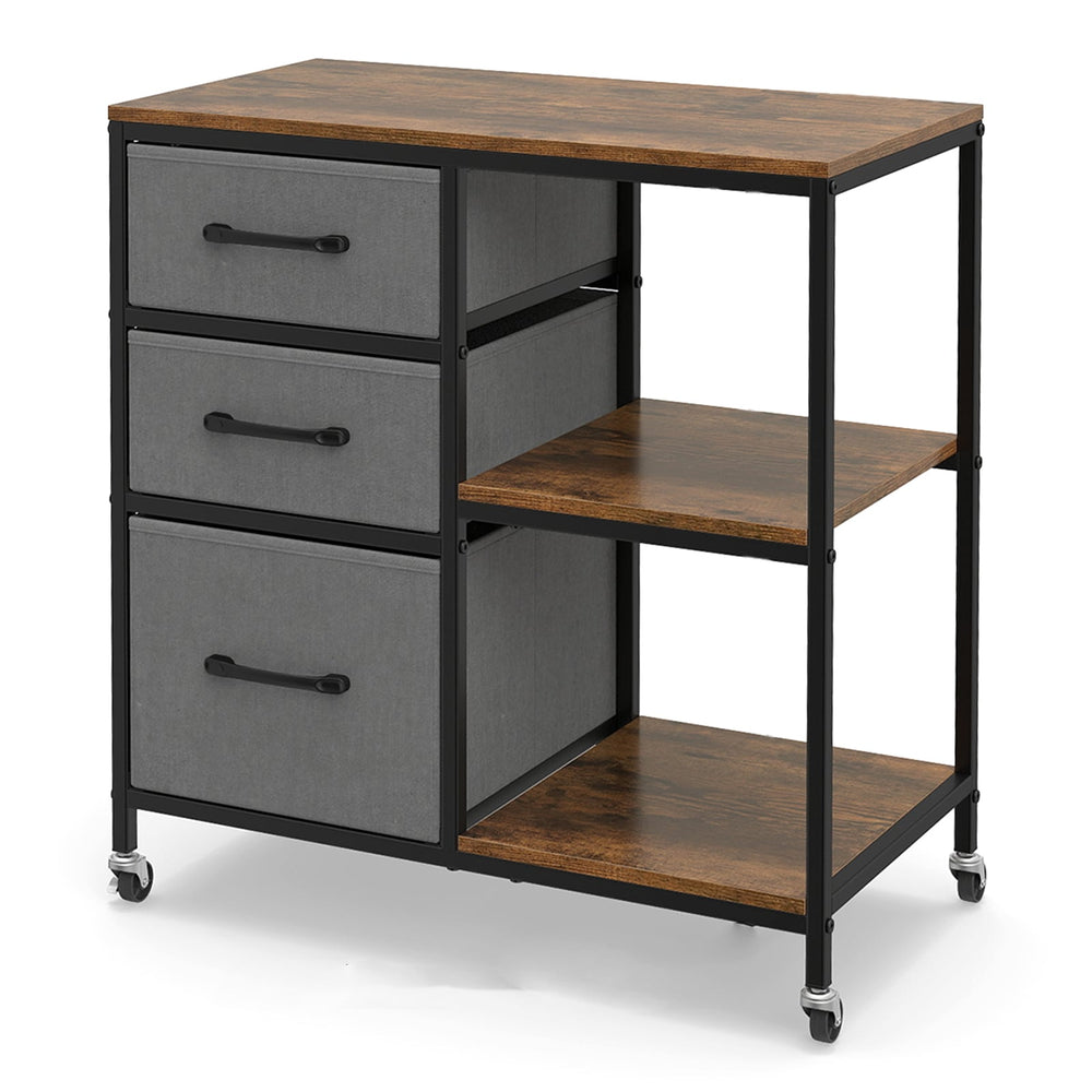 3 Drawer Wooden Mobile File Cabinet with Open Storage Shelves-Rusticbrown