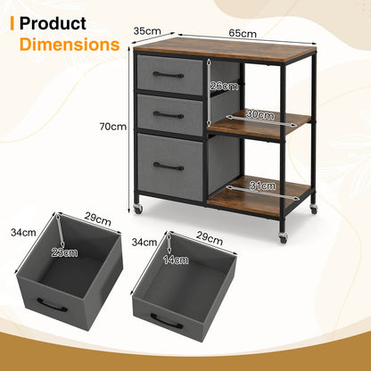 3 Drawer Wooden Mobile File Cabinet with Open Storage Shelves-Rusticbrown