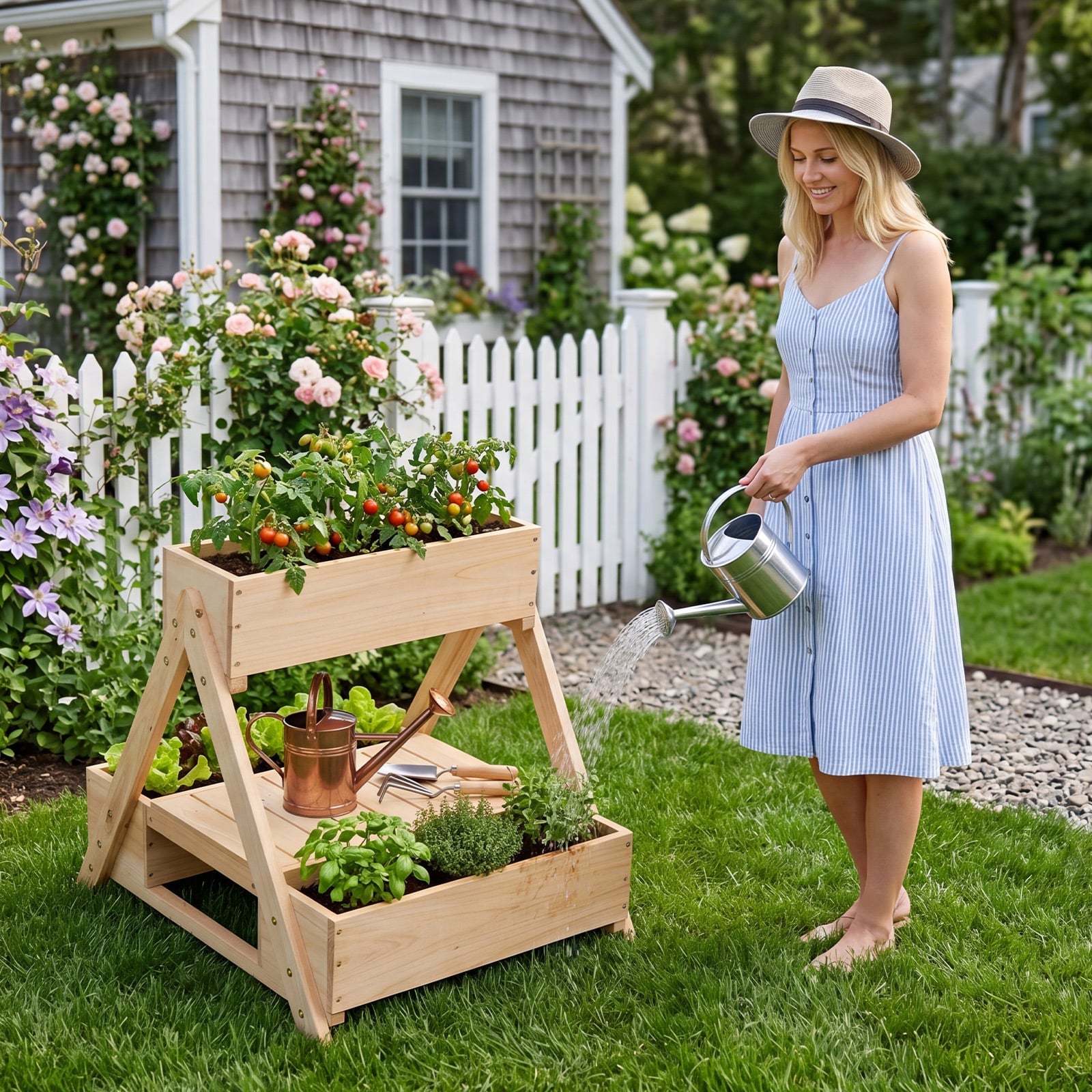 3 Fir Wooden Planter Boxes with Open Storage Shelf and 3 Drainage Holes-Natural