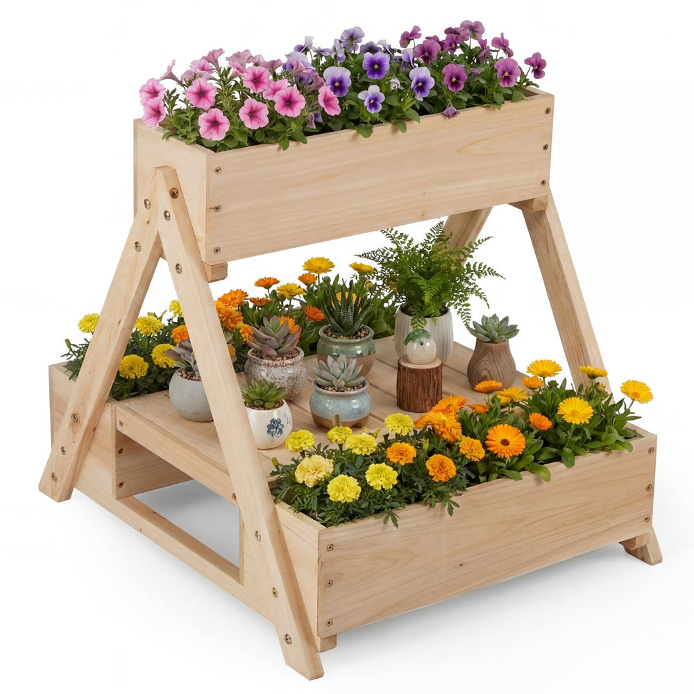 3 Fir Wooden Planter Boxes with Open Storage Shelf and 3 Drainage Holes-Natural