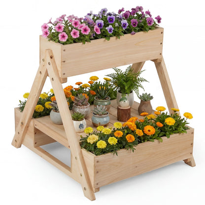 3 Fir Wooden Planter Boxes with Open Storage Shelf and 3 Drainage Holes-Natural