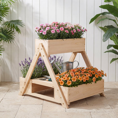 3 Fir Wooden Planter Boxes with Open Storage Shelf and 3 Drainage Holes-Natural