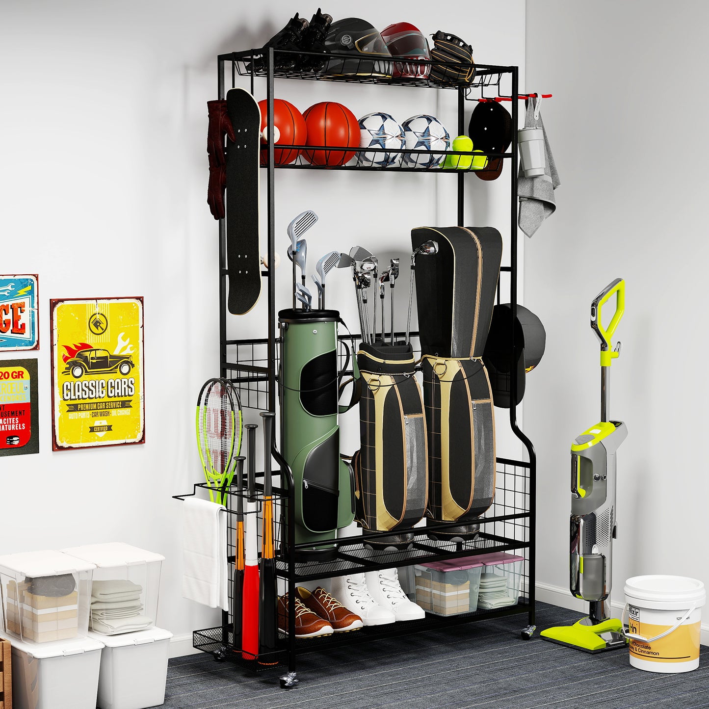 3 Golf Bags Storage Garage Organizer with Wheels 4 Hooks-Black