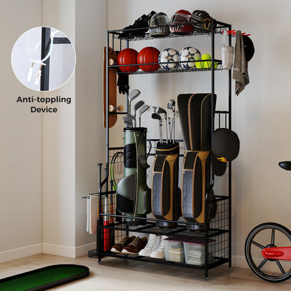 3 Golf Bags Storage Garage Organizer with Wheels 4 Hooks-Black