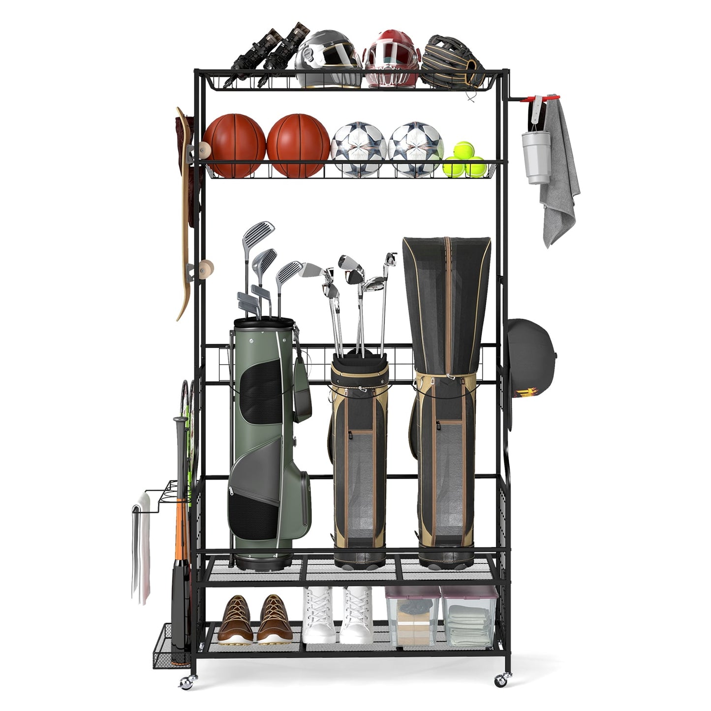 3 Golf Bags Storage Garage Organizer with Wheels 4 Hooks-Black