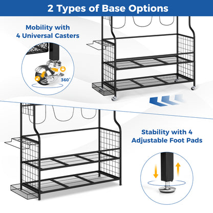 3 Golf Bags Storage Garage Organizer with Wheels 4 Hooks-Black