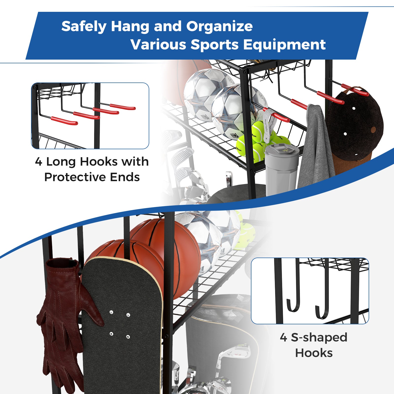 3 Golf Bags Storage Garage Organizer with Wheels 4 Hooks-Black