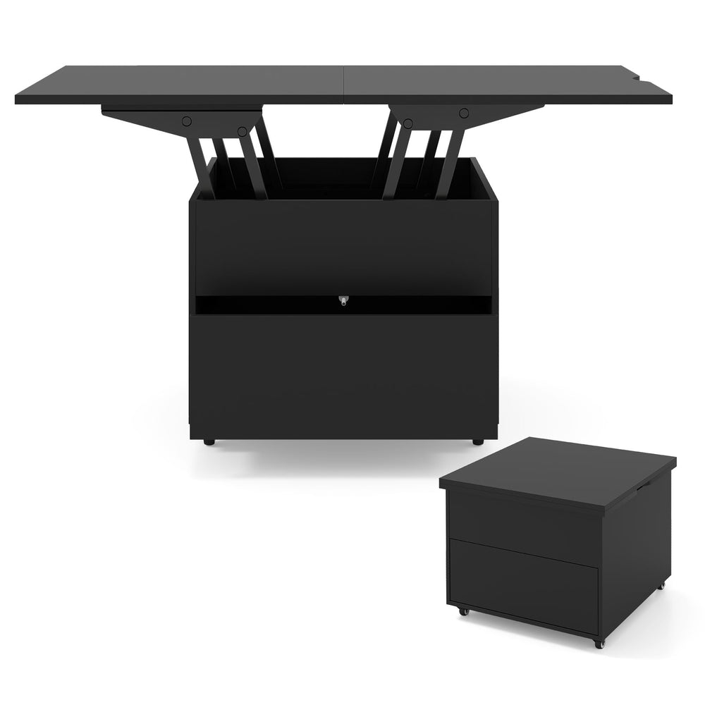3-In-1 Lift Top Coffee Table with Hidden Storage Drawers and 360° Lockable Wheels-Black